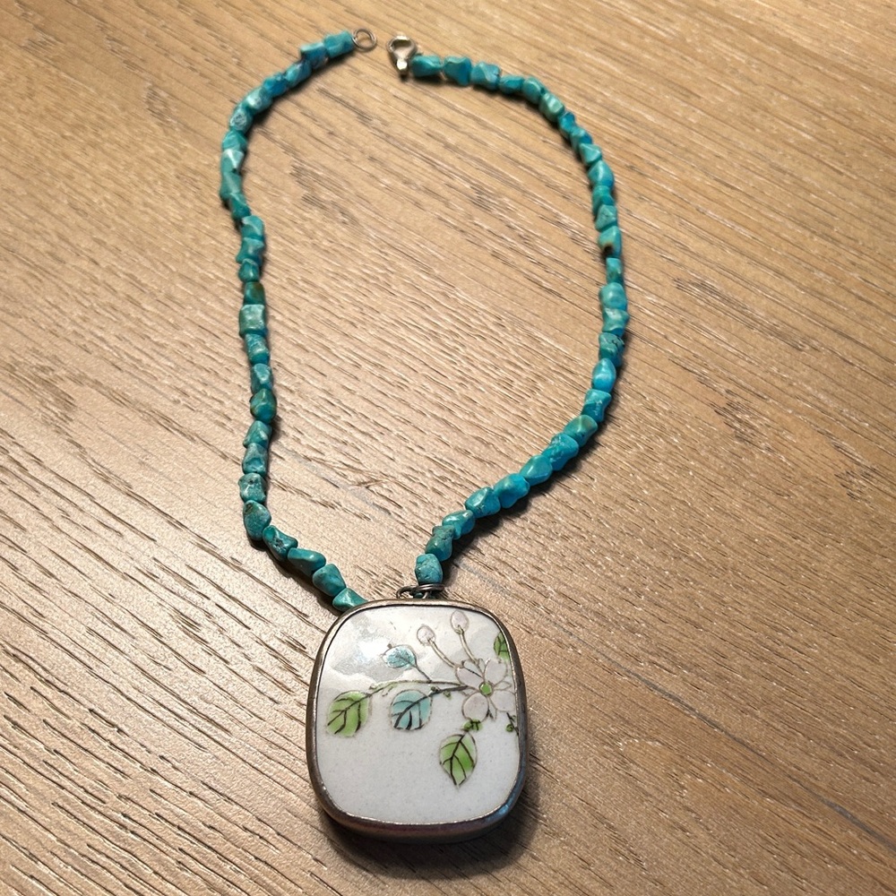 Turquoise bead and pottery shard necklace